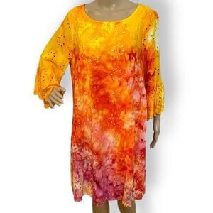 Hand tie dyed bell sleeve eyelet dress yellow orange pink XL